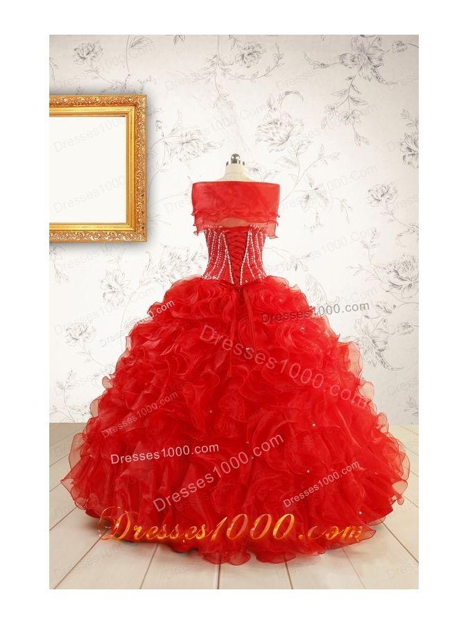 Exquisite Beading and Ruffles Red Quinceanera Gowns with Wrap for 2015