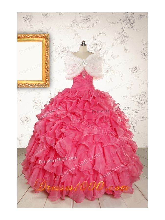 Hot Pink Strapless Beading and Ruffles Ball Gown 2015 Quinceanera Dresses