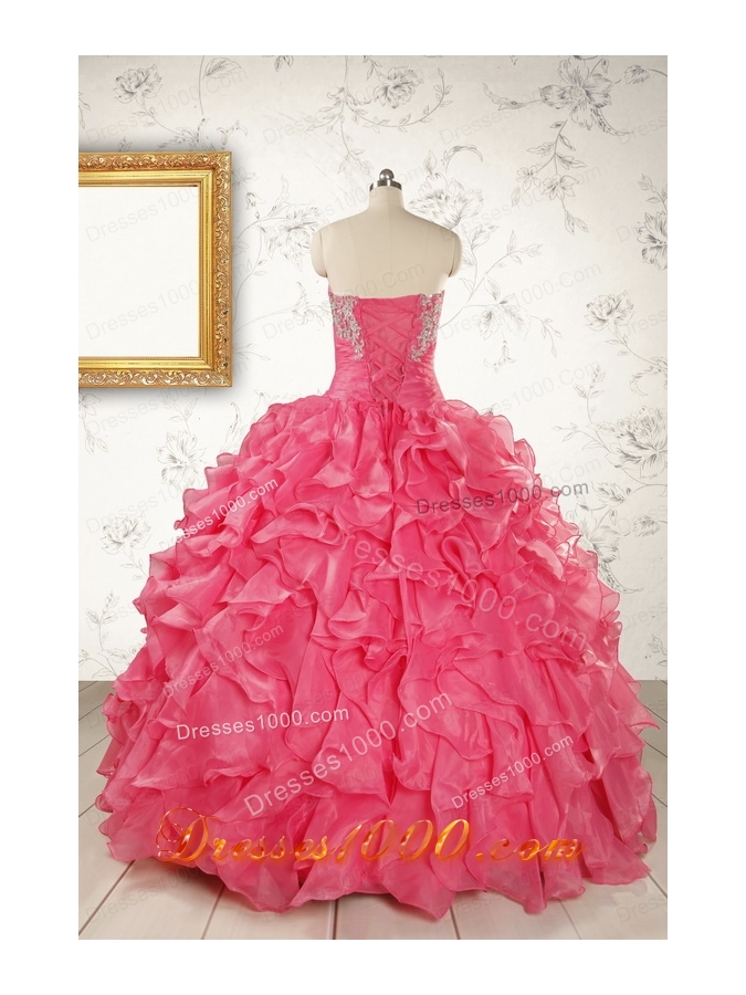 Hot Pink Strapless Beading and Ruffles Ball Gown 2015 Quinceanera Dresses