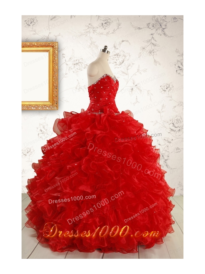 Pretty Ball Gown Sweetheart 2015 Red Quinceanera Dresses with Beading