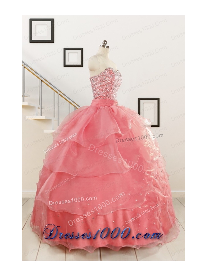 Watermelon Sweetheart Beading Appliques Ball Gown Sweet 16 Dresses
