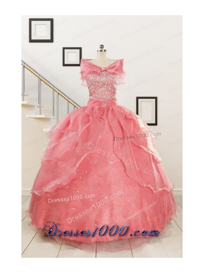 Watermelon Sweetheart Beading Appliques Ball Gown Sweet 16 Dresses
