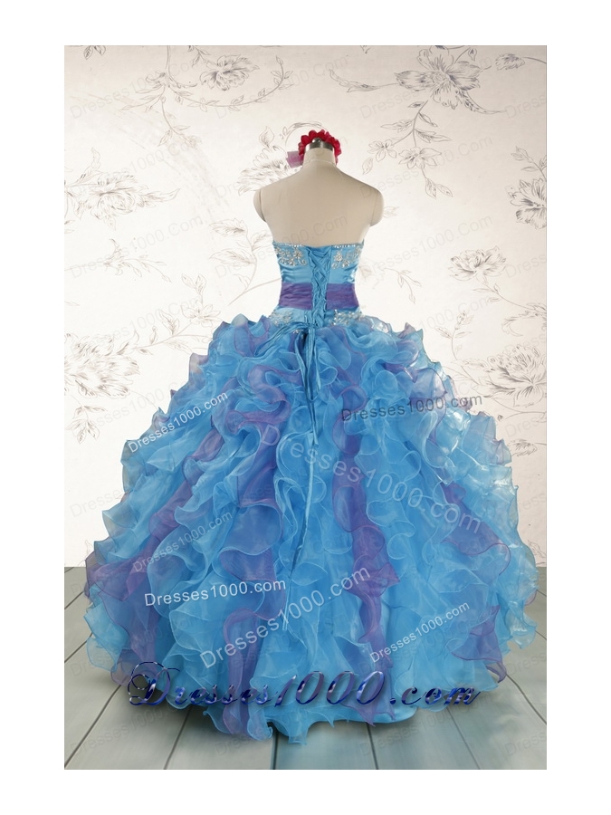2015 Pretty Strapless Appliques and Ruffles QuinceDress in Multi Color