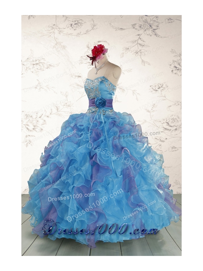 2015 Pretty Strapless Appliques and Ruffles QuinceDress in Multi Color