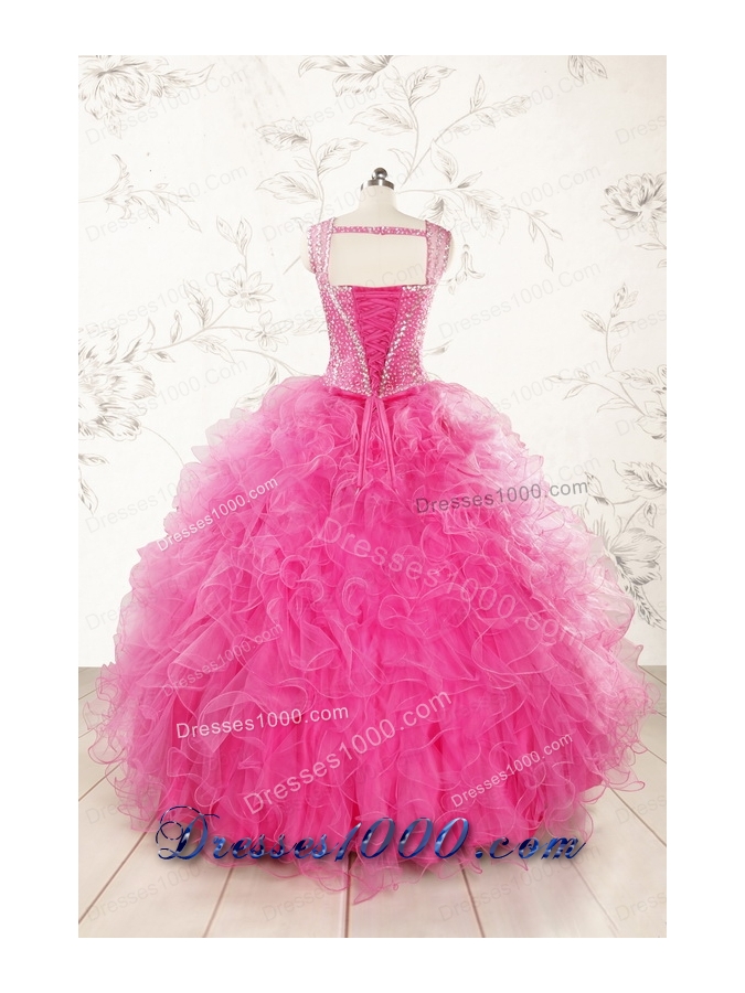 2015 Pretty Straps Hot Pink Quinceanera Dresses with Beading
