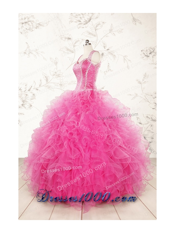 2015 Pretty Straps Hot Pink Quinceanera Dresses with Beading