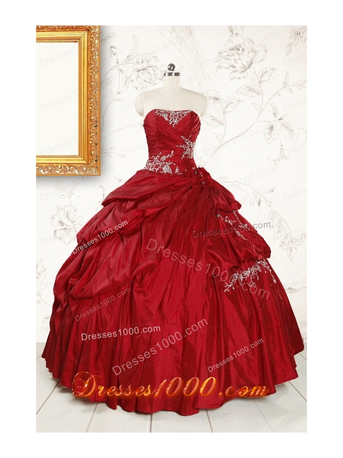 2015 Puffy Appliques Wine Red Remarkable Quinceanera Dresses