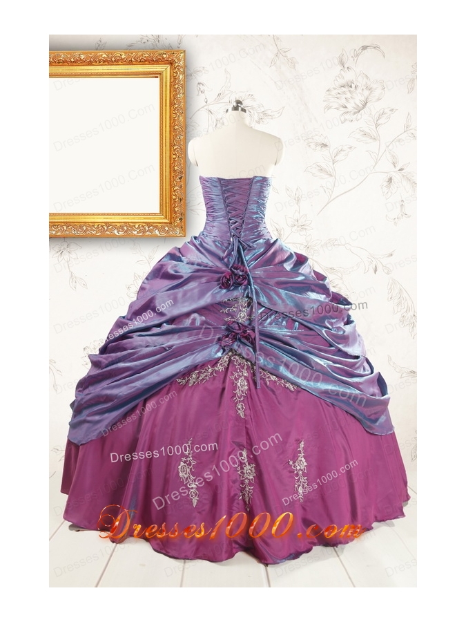 2015 Purple Strapless Quinceanera Dresses with Appliques and Hand Made Flowers