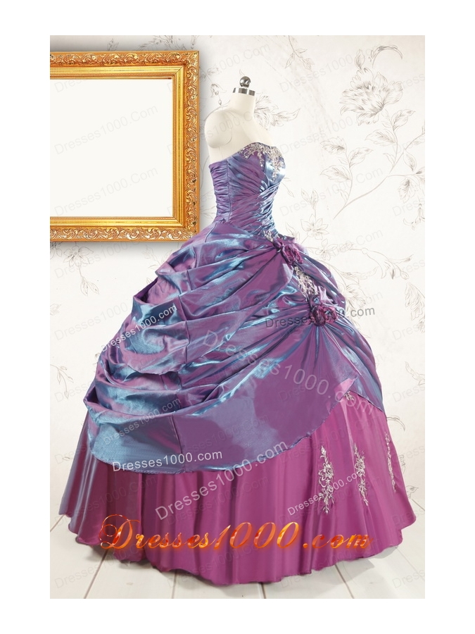 2015 Purple Strapless Quinceanera Dresses with Appliques and Hand Made Flowers