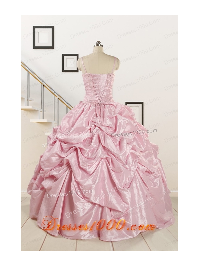 2015 Sweet Spaghetti Straps Beading Pink Quinceanera Dresses