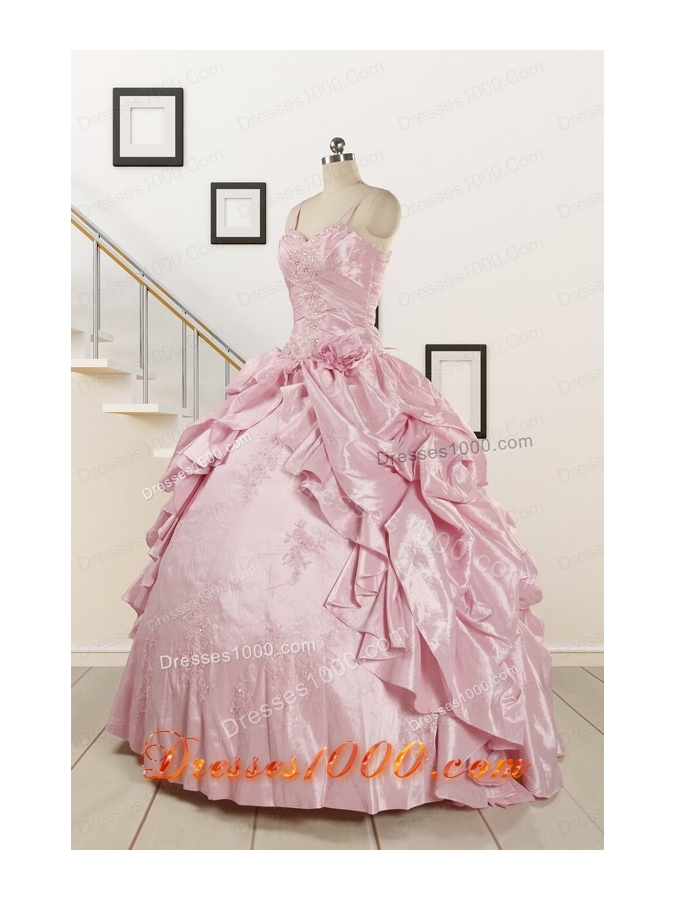 2015 Sweet Spaghetti Straps Beading Pink Quinceanera Dresses
