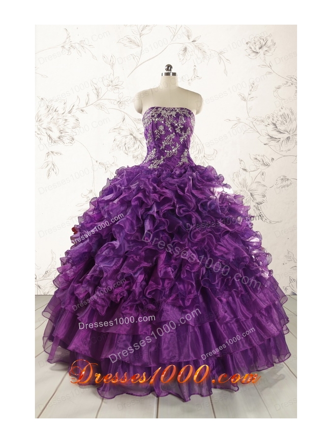 Beautiful Appliques Purple Strapless 2015 Quinceanera Dresses