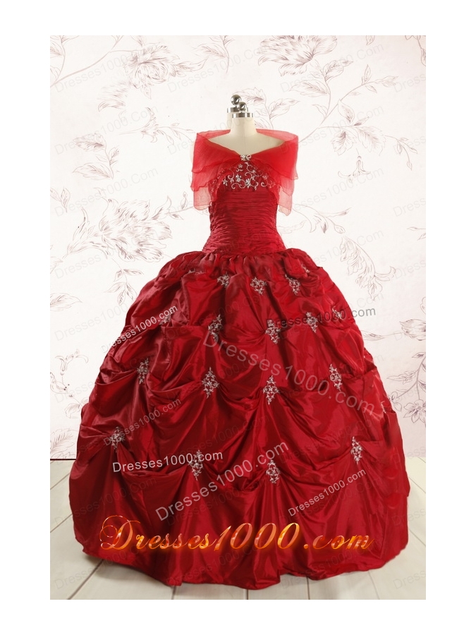 Discount Strapless Wine Red Appliques Quinceanera Dresses for 2015