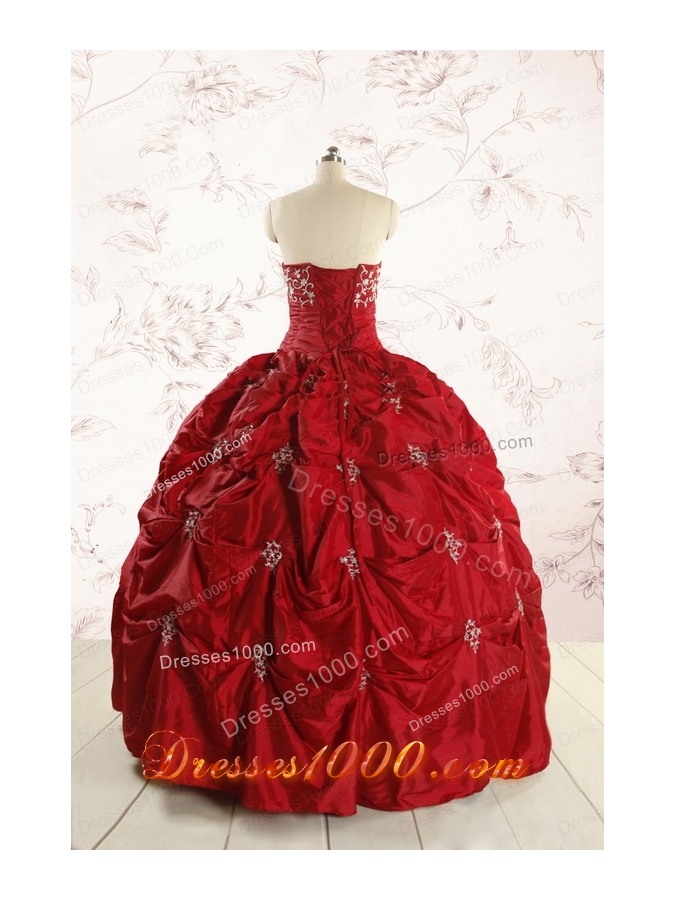 Discount Strapless Wine Red Appliques Quinceanera Dresses for 2015