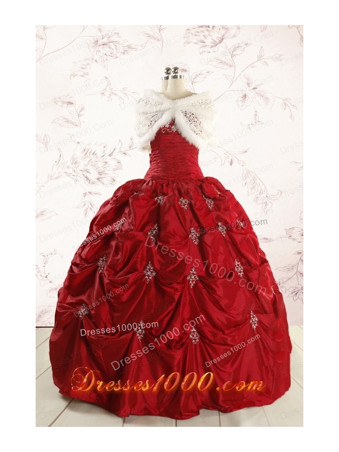 Discount Strapless Wine Red Appliques Quinceanera Dresses for 2015