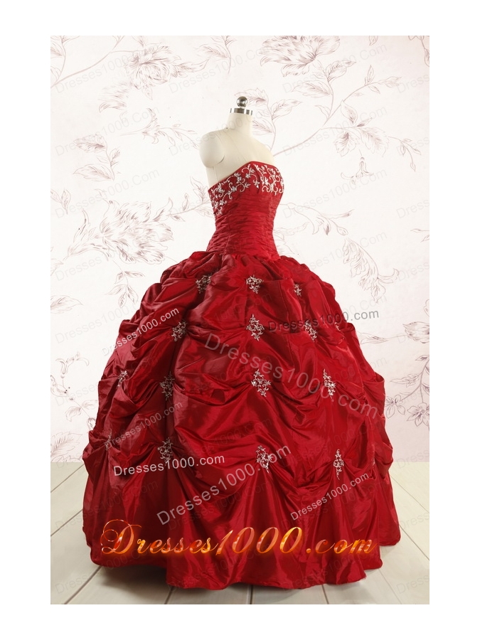 Discount Strapless Wine Red Appliques Quinceanera Dresses for 2015