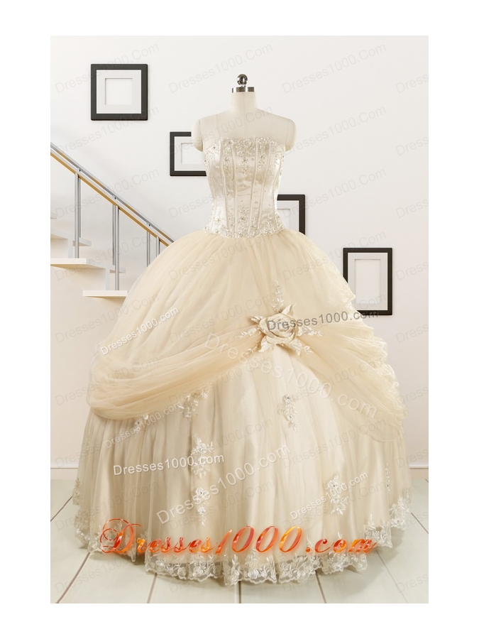 Elegant Appliques 2015 Champagne Quinceanera Dress with Wraps