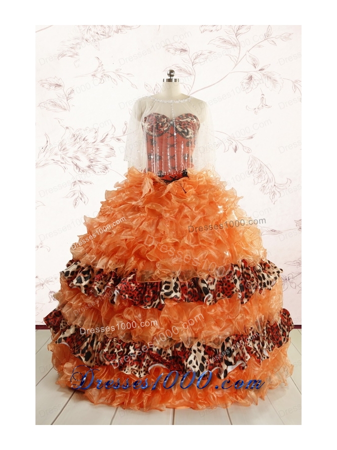2015 Exquisite Sweetheart Leopard Quinceanera Dresses in Orange