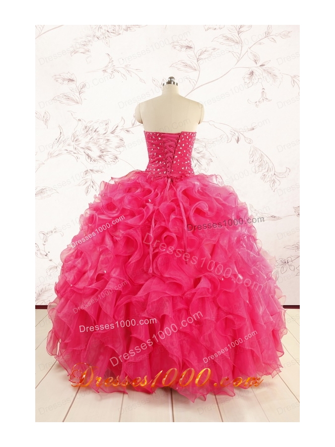 2015 Pretty Beading Sweet 15 Dresses in Hot Pink