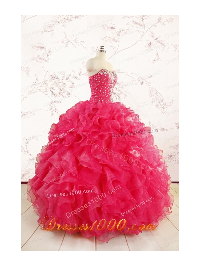 2015 Pretty Beading Sweet 15 Dresses in Hot Pink
