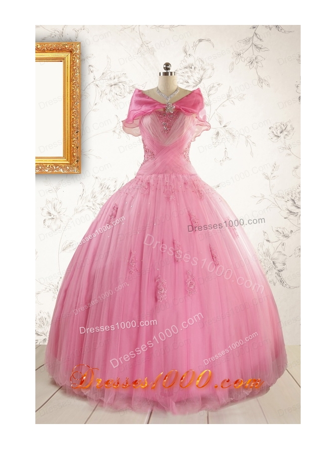 2015 Pretty Pink Quinceaneras Dresses with Appliques and Beading