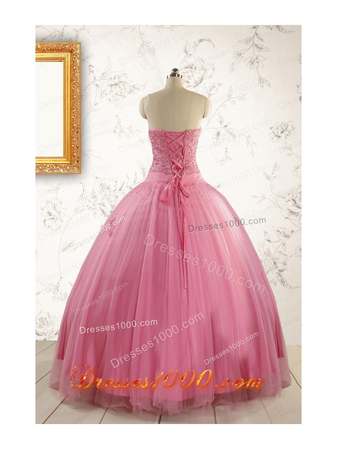 2015 Pretty Pink Quinceaneras Dresses with Appliques and Beading