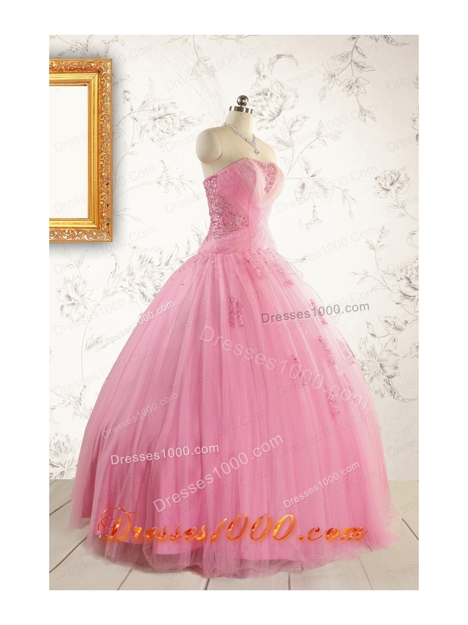 2015 Pretty Pink Quinceaneras Dresses with Appliques and Beading