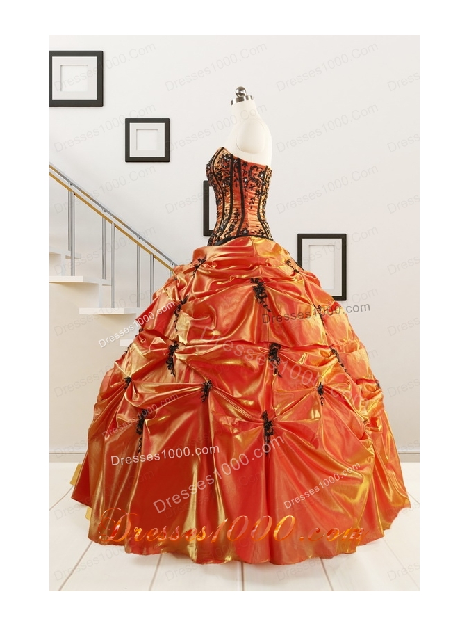Orange Red and Black Sweetheart Appliques Quinceanera Dresses with Wraps