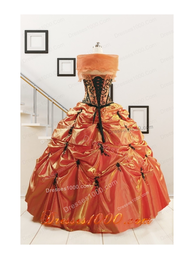 Orange Red and Black Sweetheart Appliques Quinceanera Dresses with Wraps