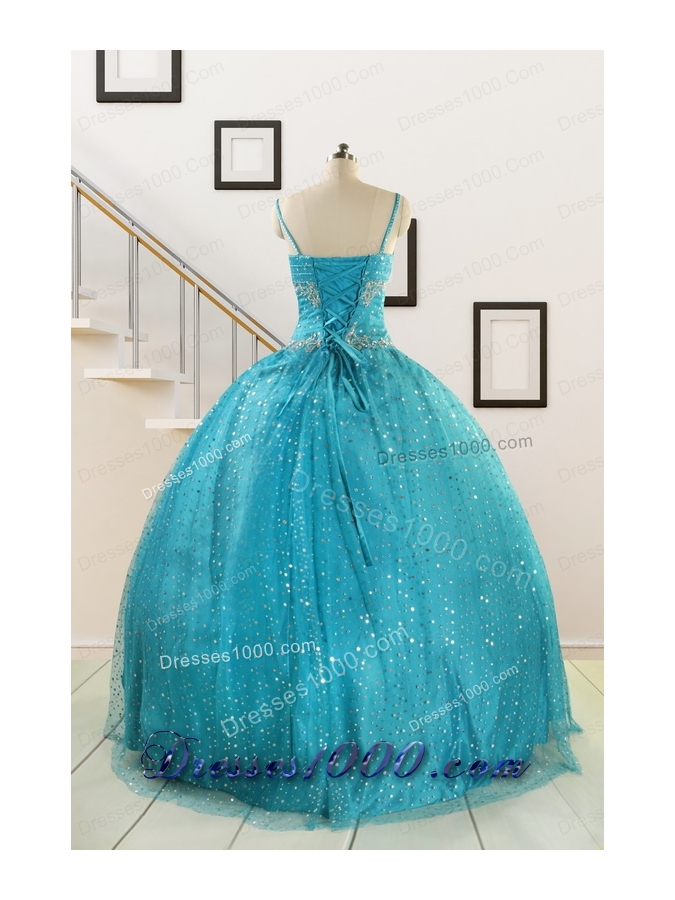 Perfect Spaghetti Straps Appliques Sequins Turquoise Quinceanera Dresses for 2015