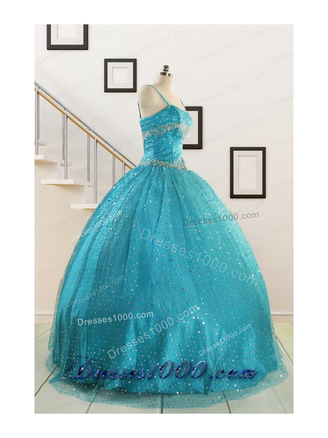 Perfect Spaghetti Straps Appliques Sequins Turquoise Quinceanera Dresses for 2015