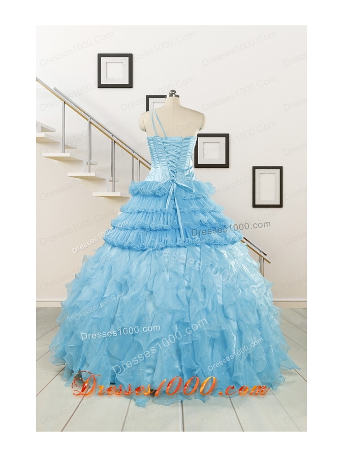 2015 Baby Blue One Shoulder Sweet 15 Dresses with Beading