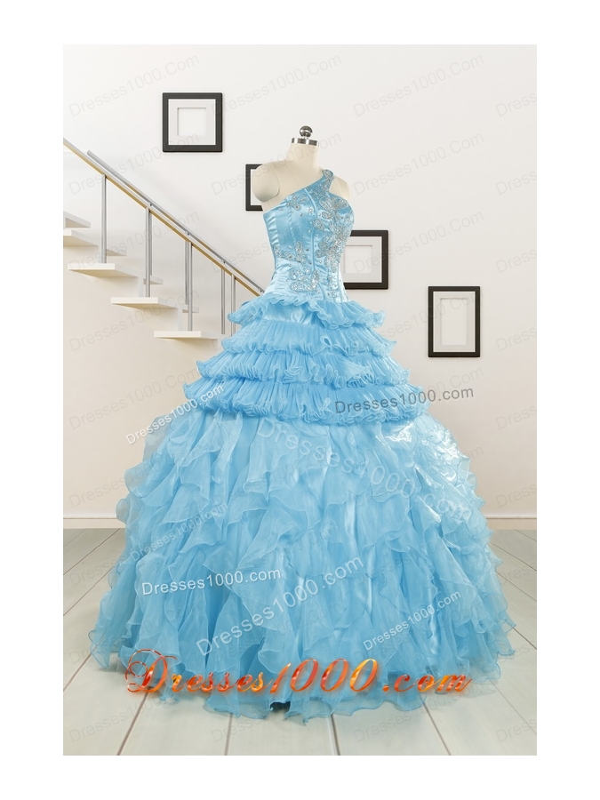 2015 Baby Blue One Shoulder Sweet 15 Dresses with Beading