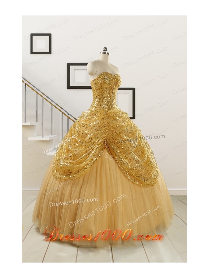 2015 Most Popular Sweetheart Sequined Quinceanera Dresses in Gold