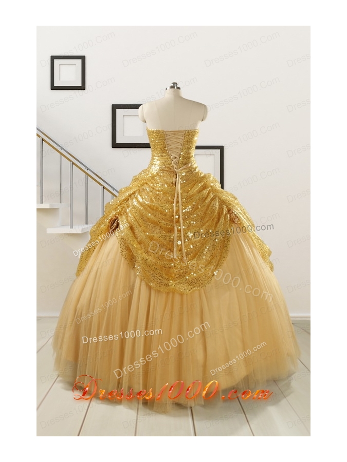 2015 Most Popular Sweetheart Sequined Quinceanera Dresses in Gold