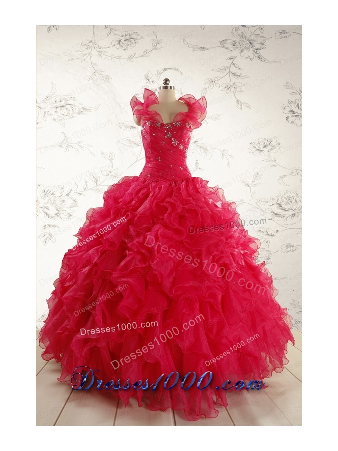 2015 New Style Sweetheart Coral Red Quinceanera Dresses with Beading