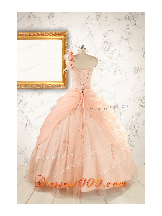 2015 Pretty One Shoulder Appliques Quinceanera Dress in Peach