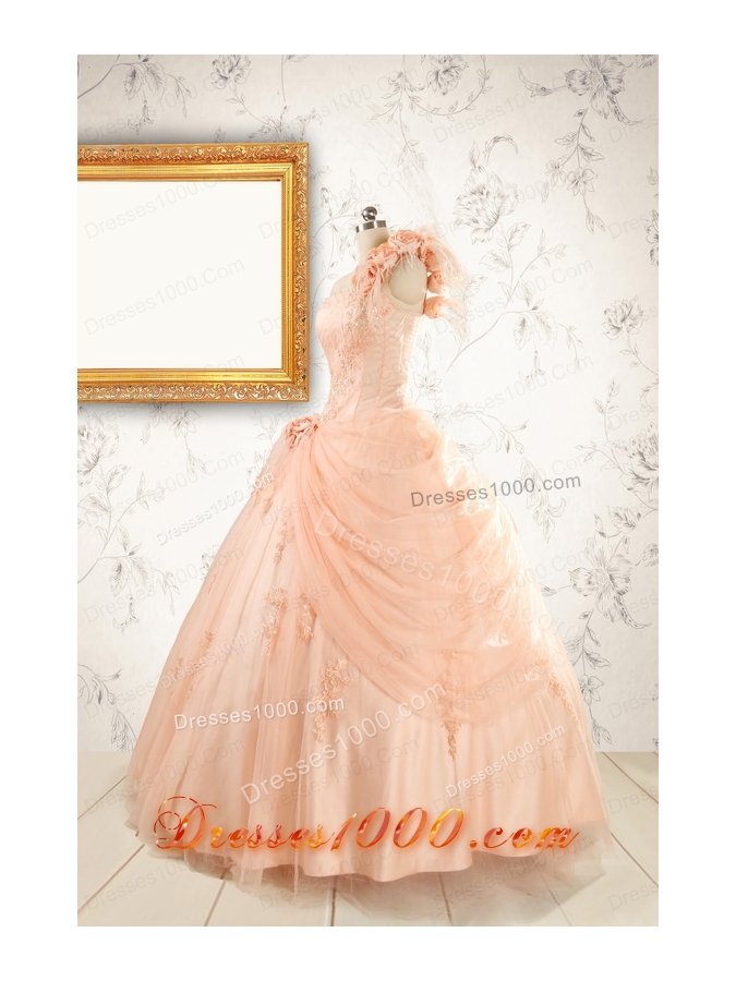2015 Pretty One Shoulder Appliques Quinceanera Dress in Peach