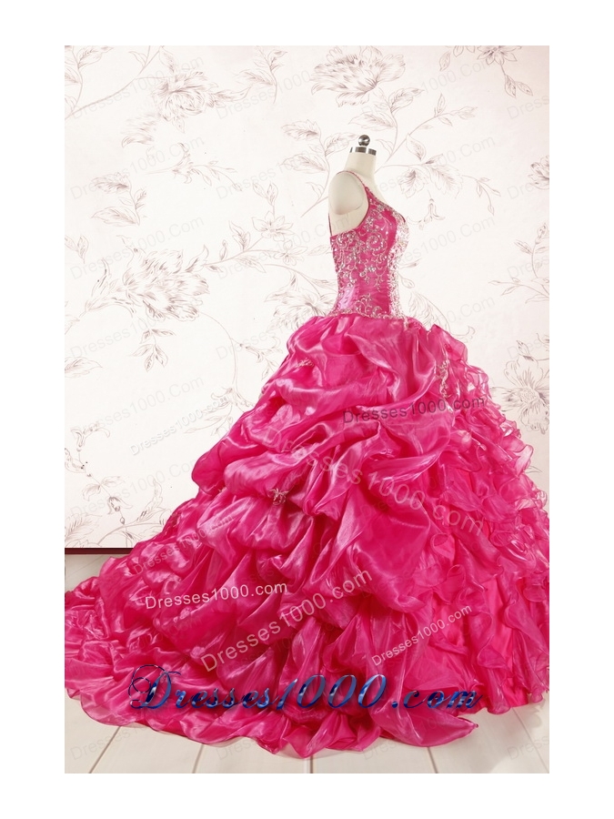 2015 Unique Beading Hot Pink Quinceanera Dresses with Spaghetti Straps
