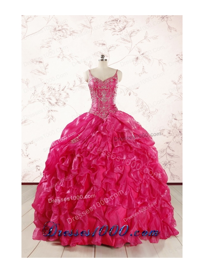 2015 Unique Beading Hot Pink Quinceanera Dresses with Spaghetti Straps