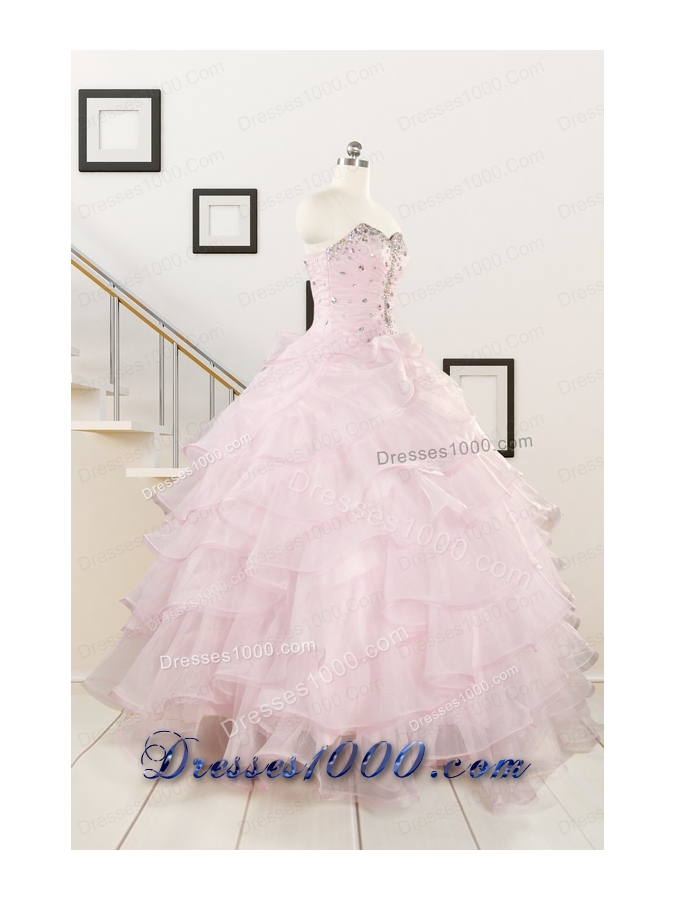 2015 Cute Baby Pink Quinceanera Dresses with Beading and Ruffles
