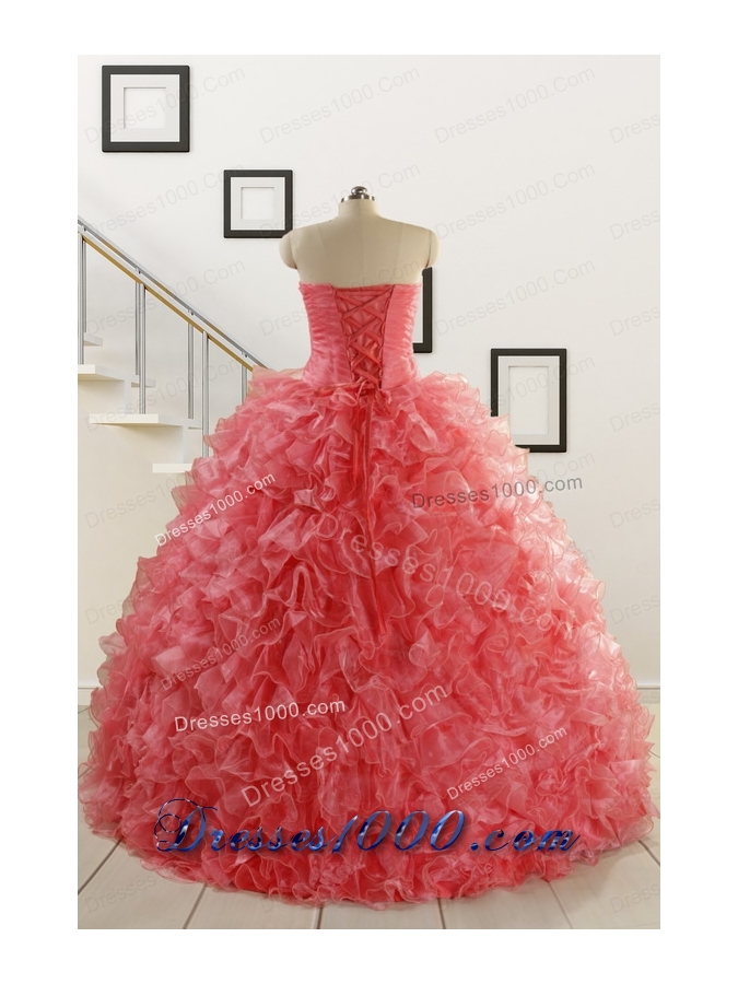 2015 New Arrival Watermelon Red Sweet 15 Dress with Beading