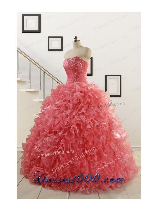 2015 New Arrival Watermelon Red Sweet 15 Dress with Beading