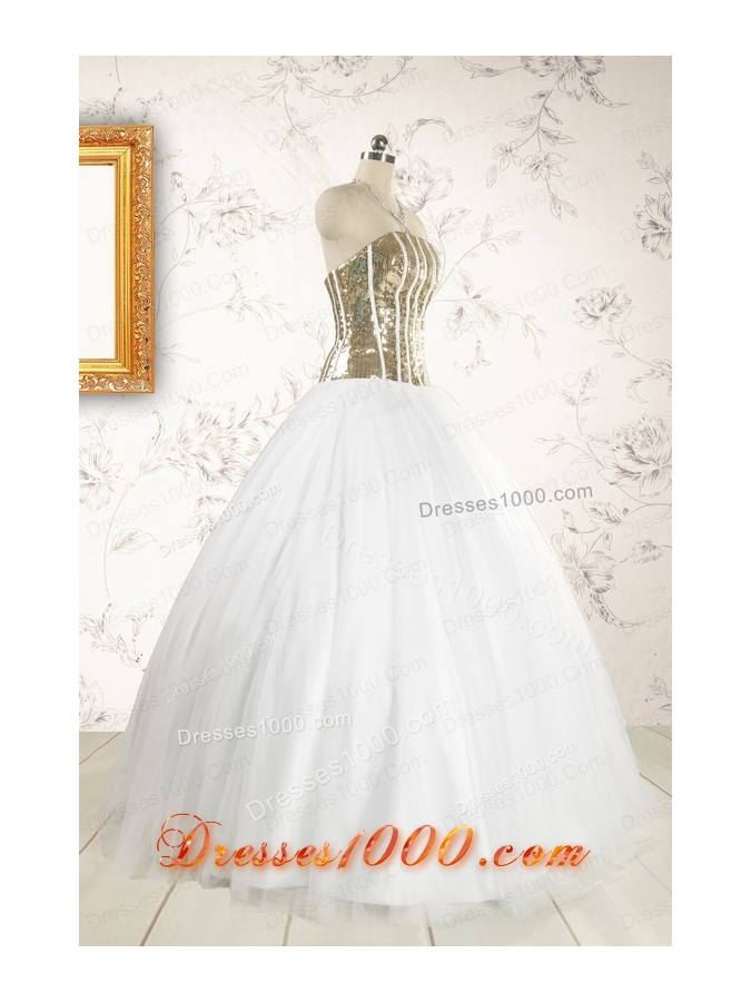 2015 The Super Hot Tulle Strapless Sequins White Quinceanera Dresses