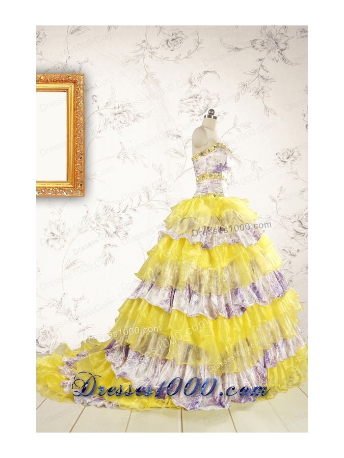 Popular Beading Yellow Sweet 15 Dresses with Sweep Train