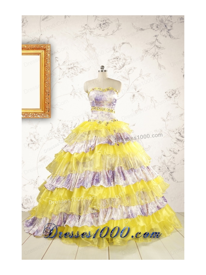 Popular Beading Yellow Sweet 15 Dresses with Sweep Train