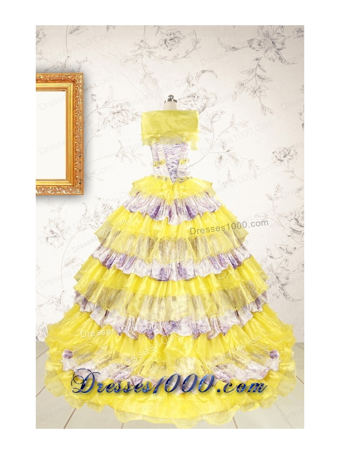 Popular Beading Yellow Sweet 15 Dresses with Sweep Train
