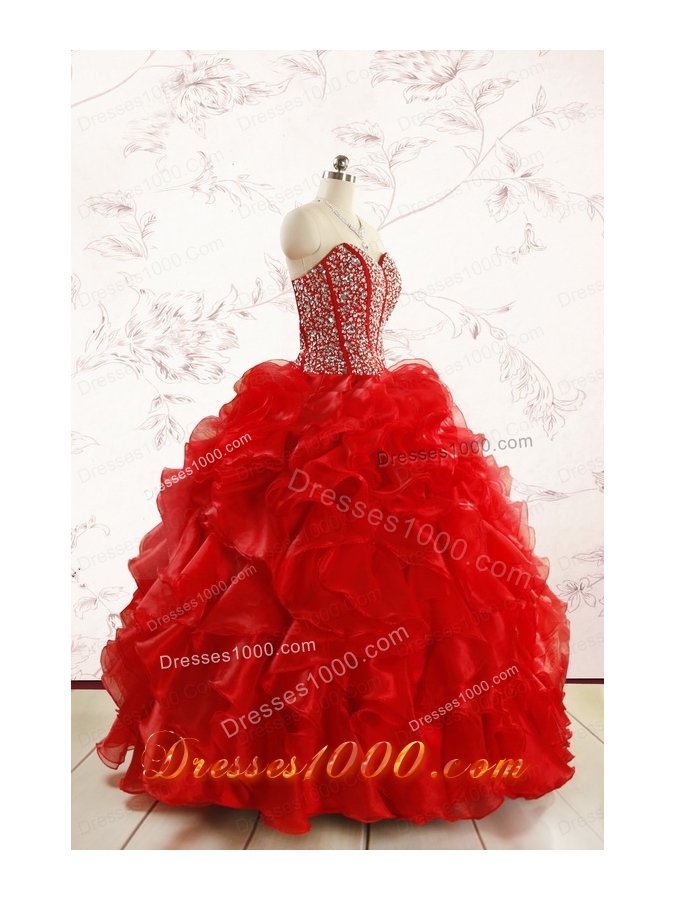 Red Beading and Ruffles Sweetheart Pretty Quinceanera Dresses for 2015