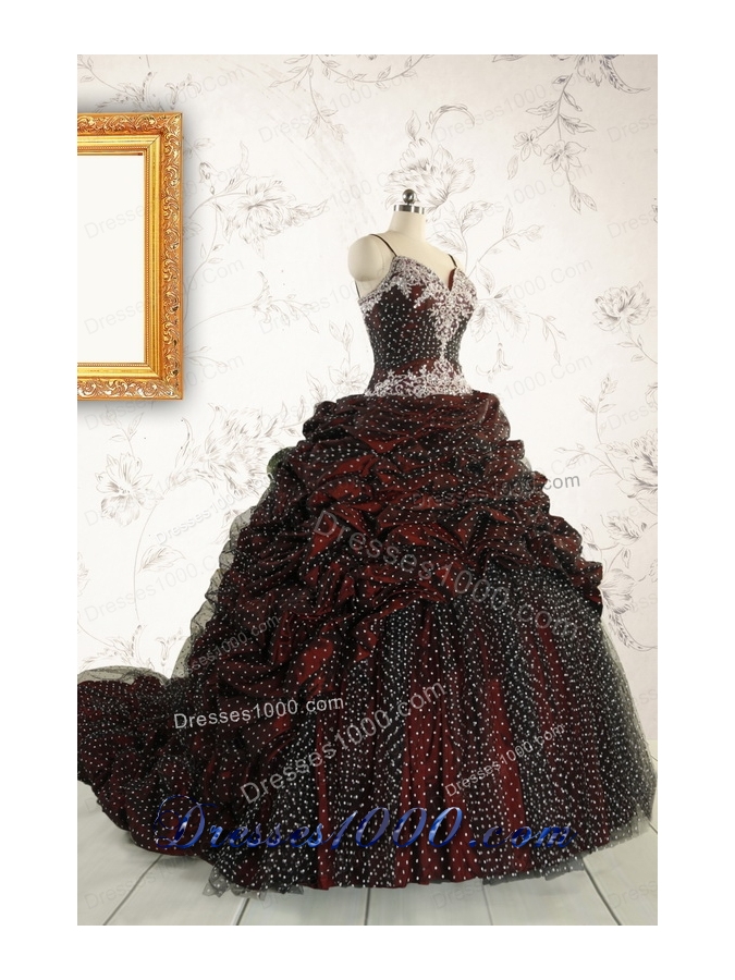 Wonderful Spaghetti Straps Appliques Sweet 15 Dresses in Burgundy