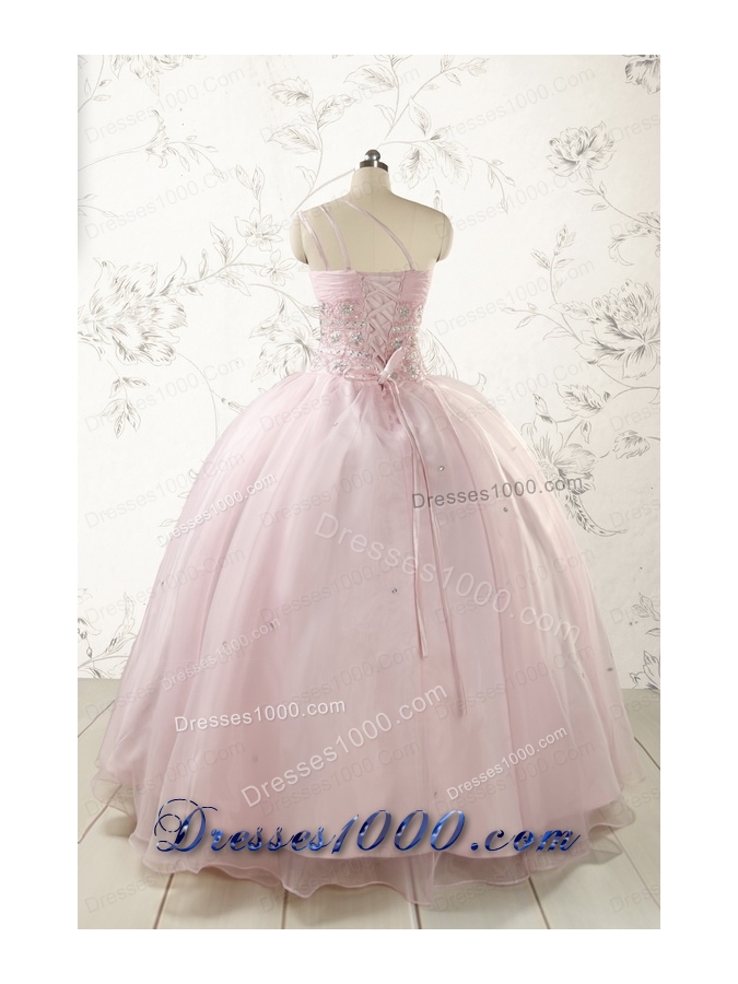 2015 One Shoulder Beading Light Pink Quinceanera Dresses